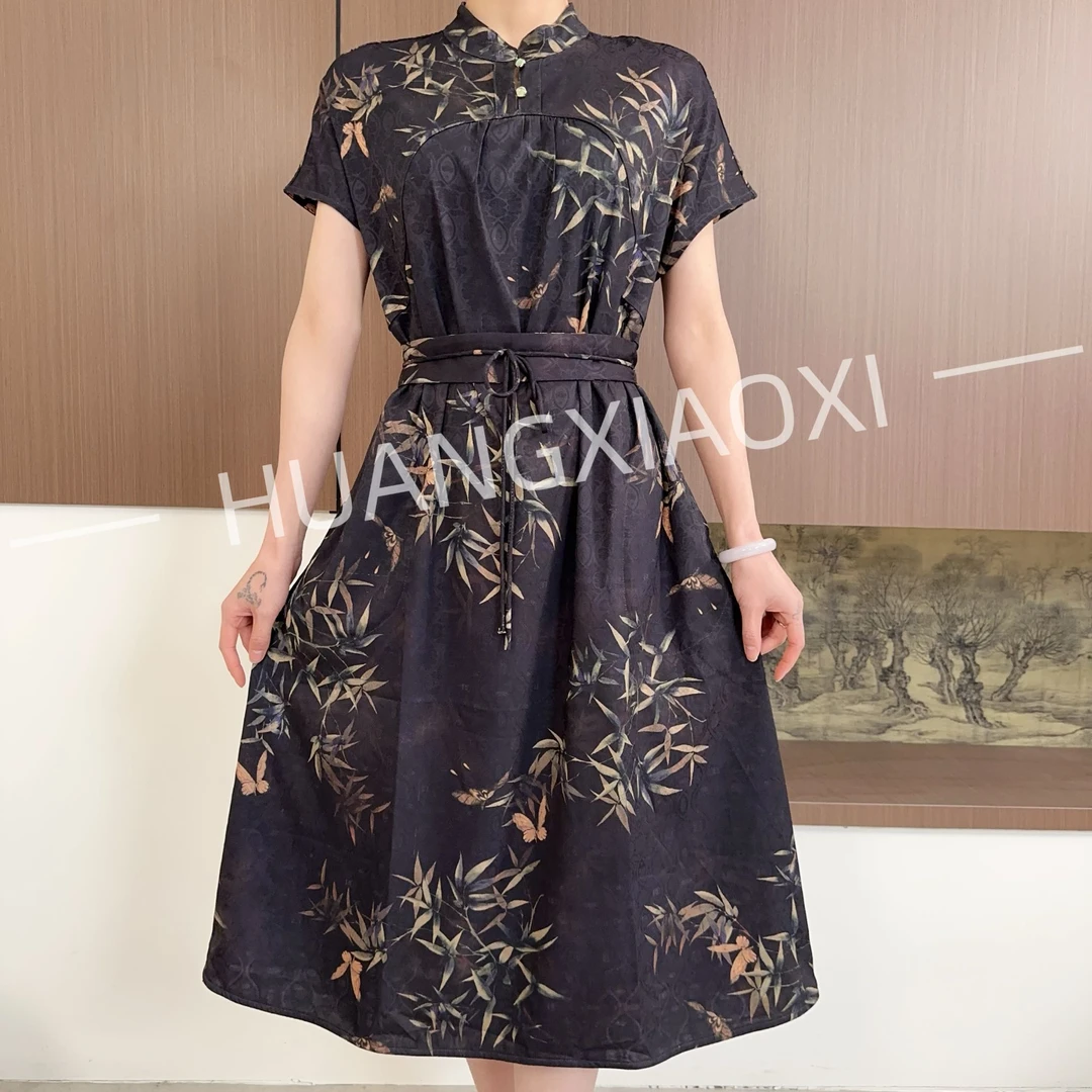 HUANGXIAOXI 水墨竹叶青笑脸波点单层双面双穿小唐裙连衣裙ZF-221