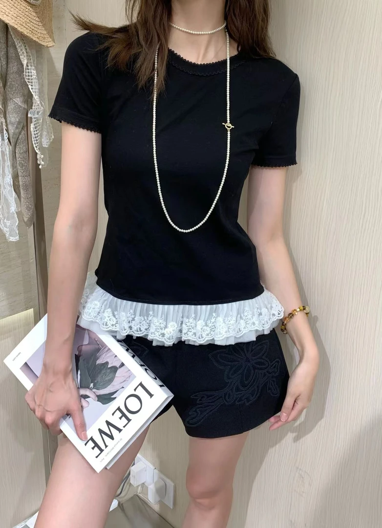【JINJIN】2025夏季新款小众设计蕾丝花边T恤短袖（8923）NO退NO换