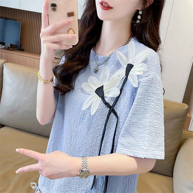 2025小众设计夏季新款提花短款女装短袖T恤百搭小个子上衣打底衫