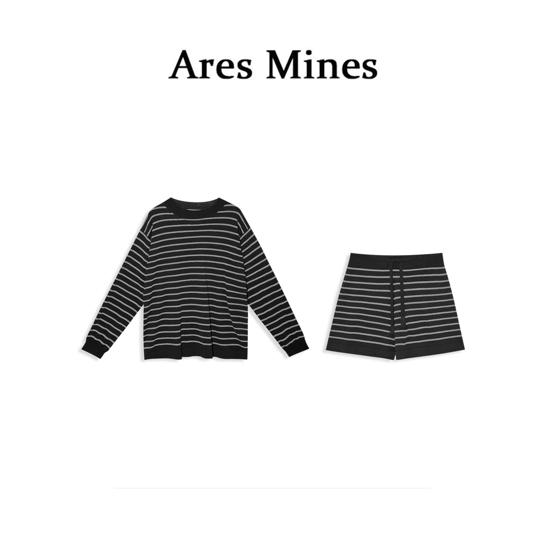 【盛朗熙Ares Mines】闲暇时光 基础款撞色条纹长袖T恤短裤套装