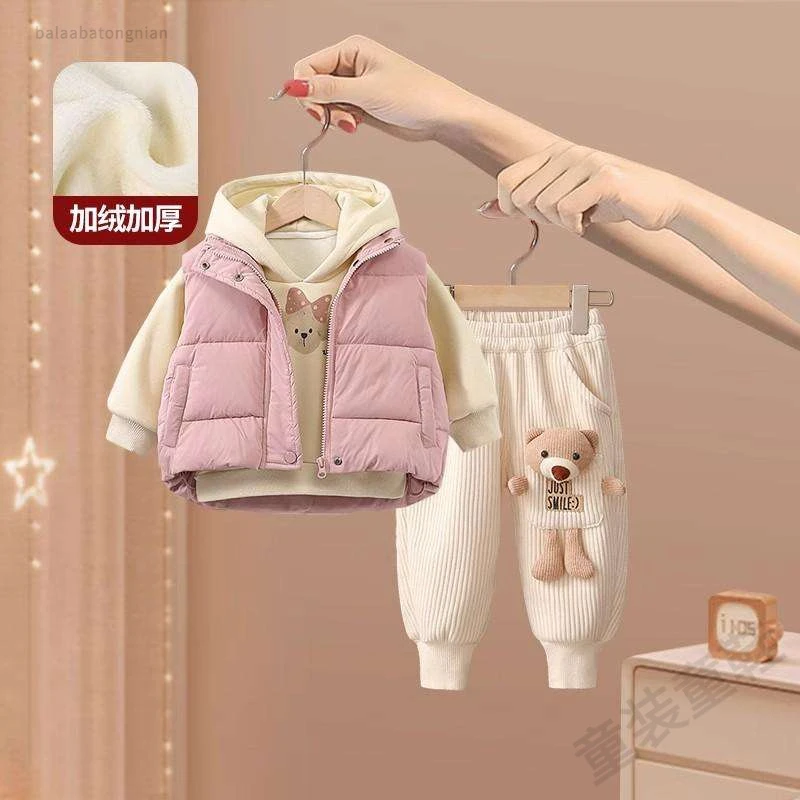 巴拉童年女童秋冬季加绒加厚2024新款宝宝冬装儿童连帽卫衣加厚外