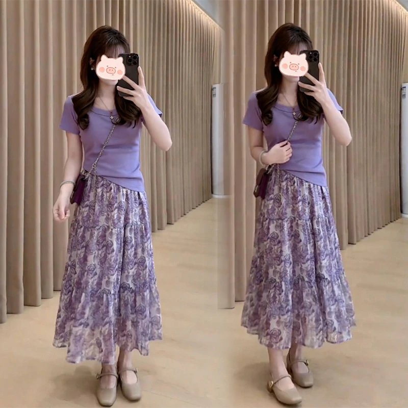 时尚洋气套装裙女夏季新款轻奢气质短袖上衣a字碎花半身裙两件套