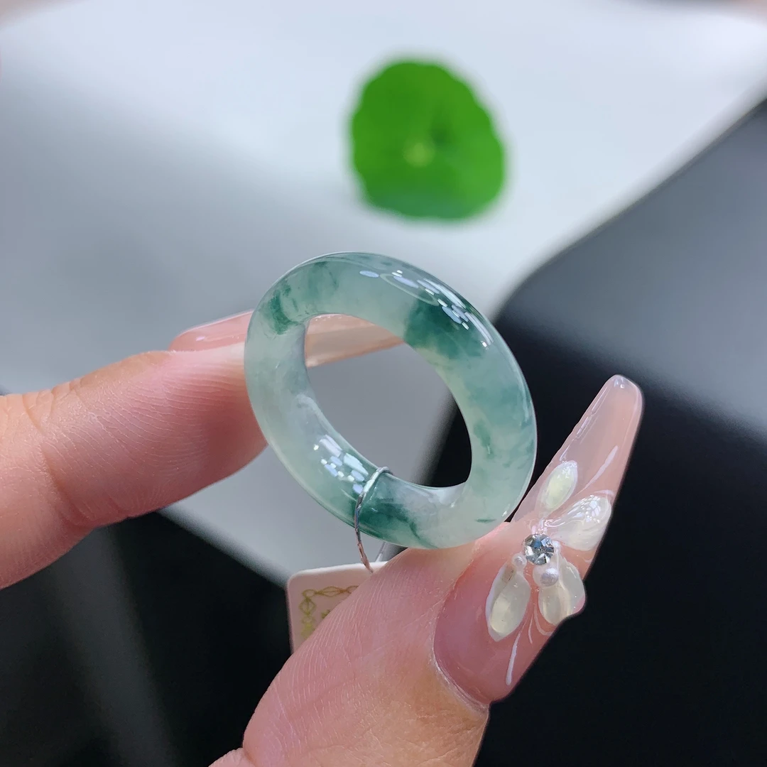13号 缅甸天然A货 冰种飘花翡翠戒指戒圈 内径16.6-5.6-3.9mm