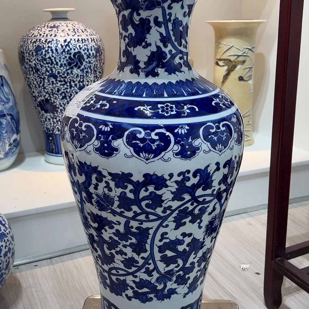 图***蓝陶摆件65cm青花缠枝莲鱼尾瓶