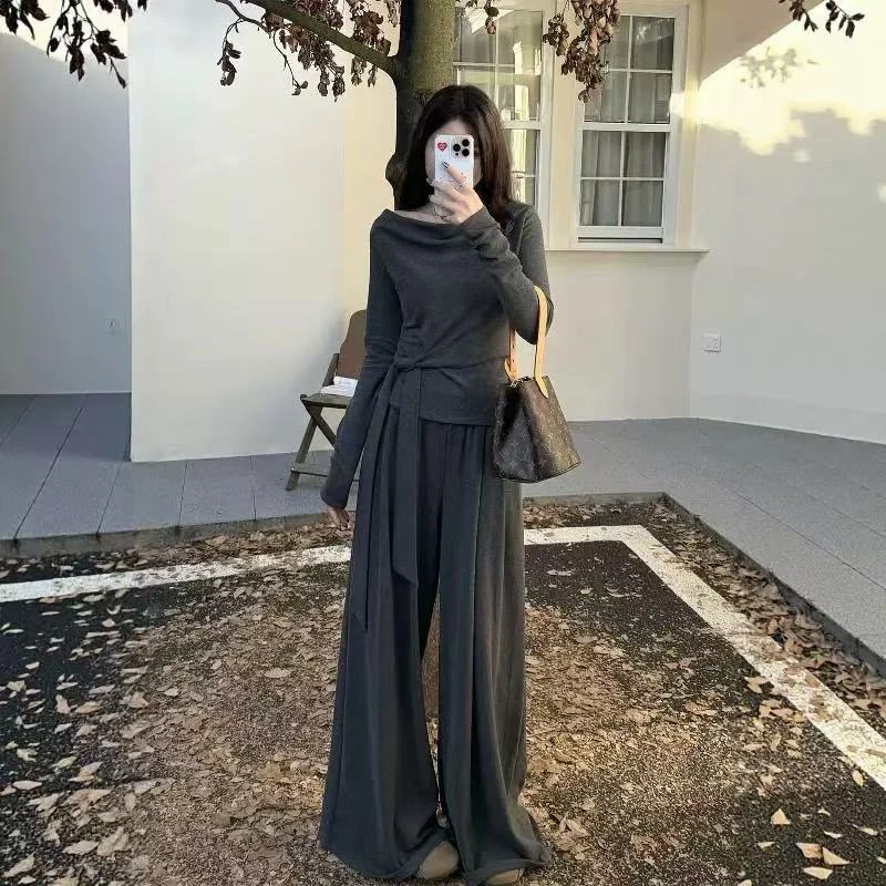 9896秋季新款大码女装时尚套装高腰显瘦阔腿裤女上衣外套两件套