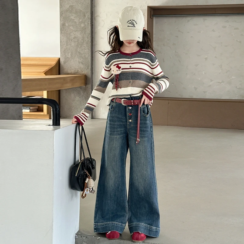 女童春秋款韩版休闲条纹毛衣套装中大童初中生洋气时髦儿童秋装潮