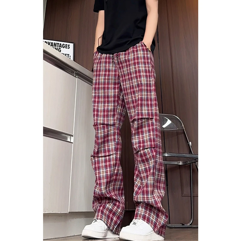 夏季新款美式复古红色格子裤男褶皱微喇直筒裤透气免烫休闲裤长裤