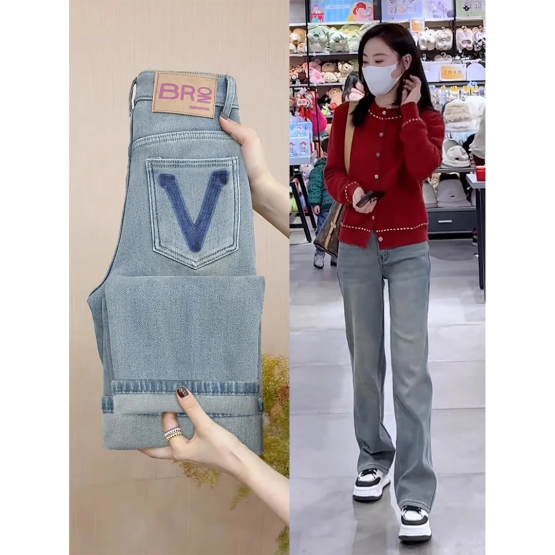 艾格 今年流行浅色牛仔裤女2025新款长裤宽松显瘦高腰阔腿直筒裤