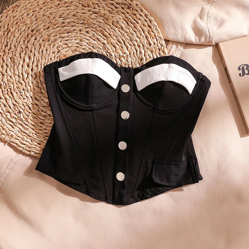 欧美风辣妹美式高智感低胸撞色带胸垫鱼骨支撑收腰排扣款性感背心
