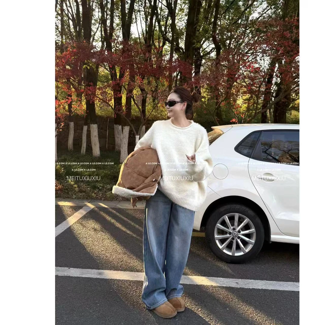 【阿乐家】大码微胖“法式温柔”慵懒卷边圆领简约软糯亲肤纯色毛衣