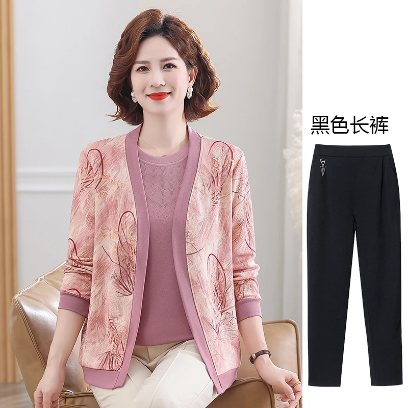 妈妈针织秋季新款套装上衣中老年女士宽松圆领弹力衫上衣两件套