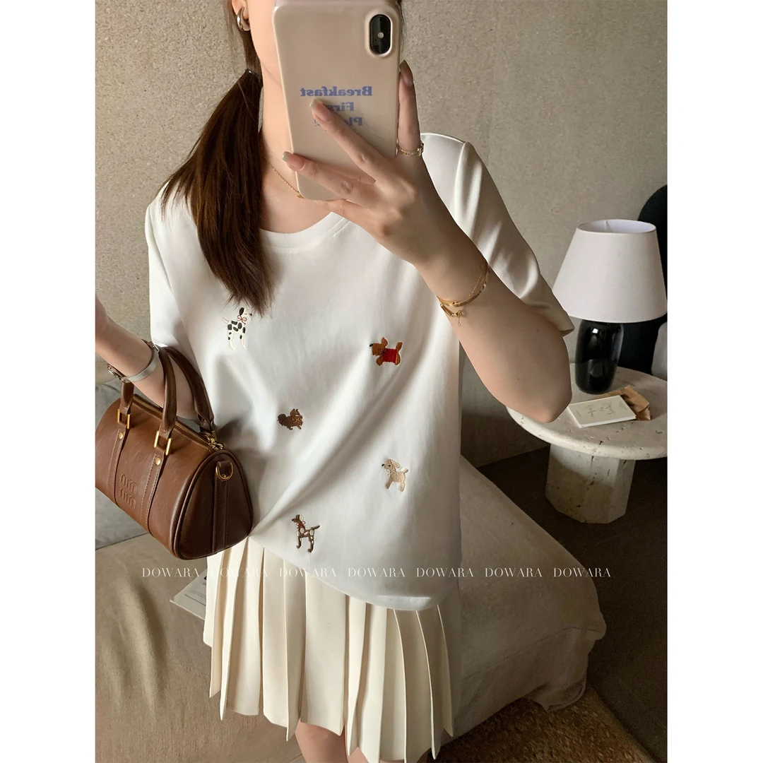 现货大婉酱微胖定制小刺绣趣味短袖T恤新款春夏宽松打底上衣6688D