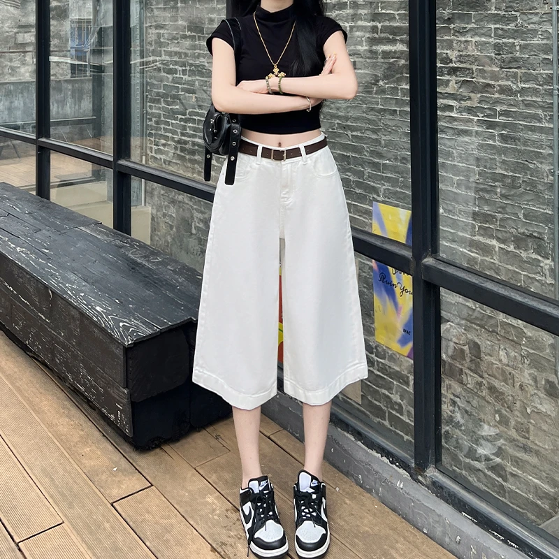 白色七分牛仔裤女2025年秋季薄款小个子高腰宽松显瘦阔腿直筒裤子