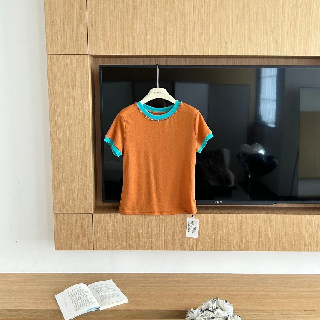 【赵小小&撞色天花板】28260 韩系撞色圆领短袖小众显瘦百搭上衣