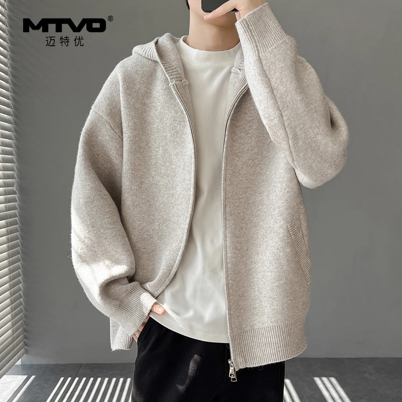 迈特优美式复古开衫毛衣男生秋季新款连帽针织衫轻奢休闲外套6007