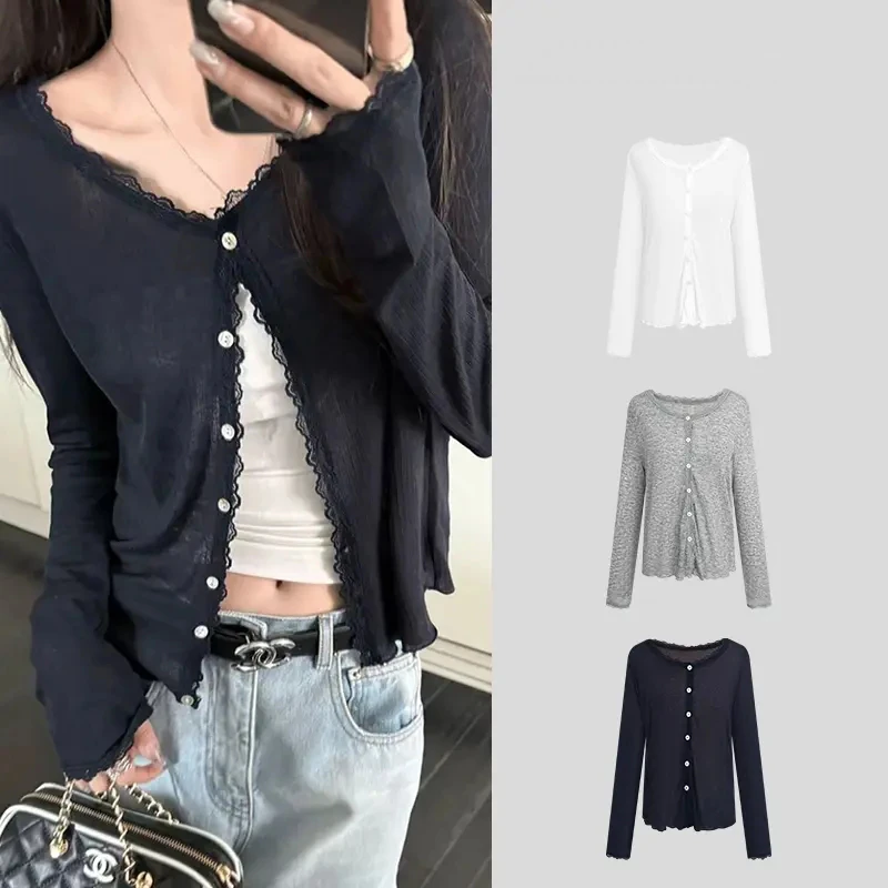 蕾丝拼接花边软糯防晒针织开衫女夏季新款轻薄外套长袖上衣