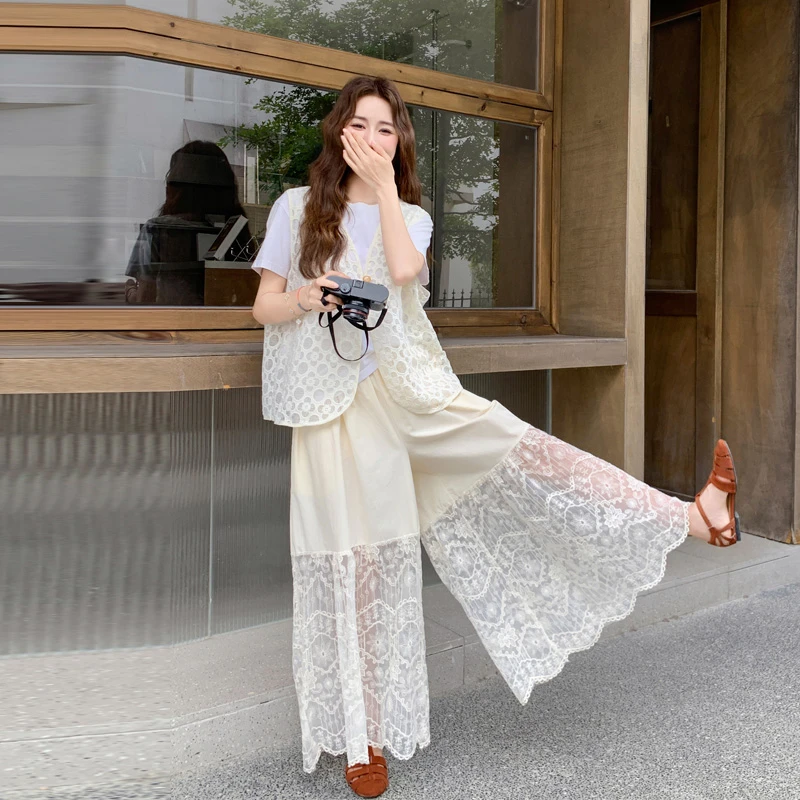 T恤马甲蕾丝拼接裙裤套装2025夏季女新款森系小清新文艺范三件套