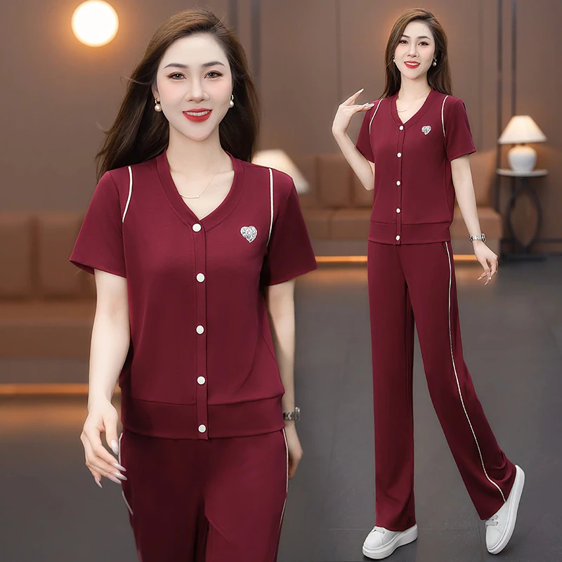 2025气质女士衫阔腿时尚休闲时尚套装大码长裤宽松中年