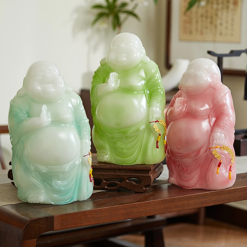 新中式弥勒佛摆件高档仿玉石古风茶室桌面玄关书柜装饰树脂工艺品