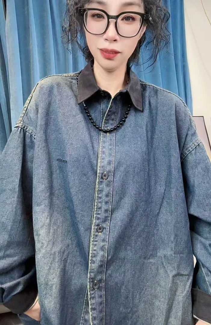 【左绣定制】2025欧版原创原创宽松拼色牛仔衬衫82105