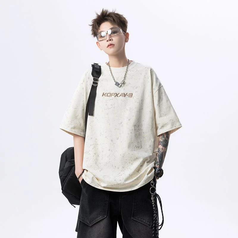 雪花脏脏染刺绣美式复古短袖男高级感宽松百搭重磅T恤ins潮牌潮流
