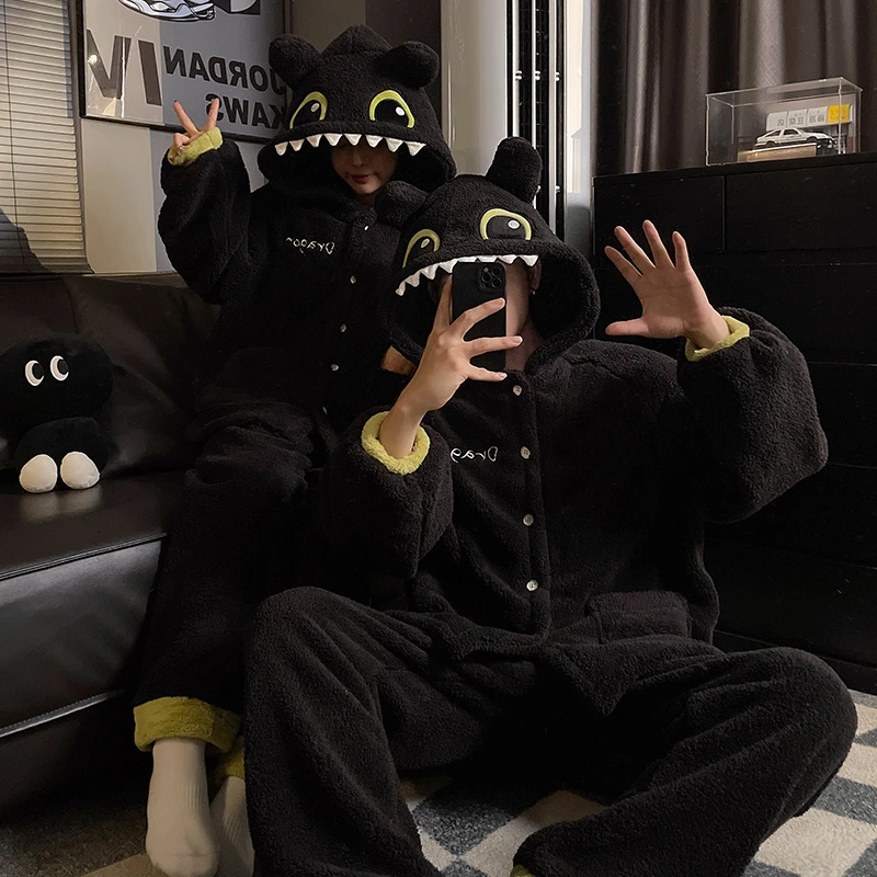 无牙仔情侣睡衣女款冬季珊瑚绒加厚保暖男士冬天可外穿家居服套装