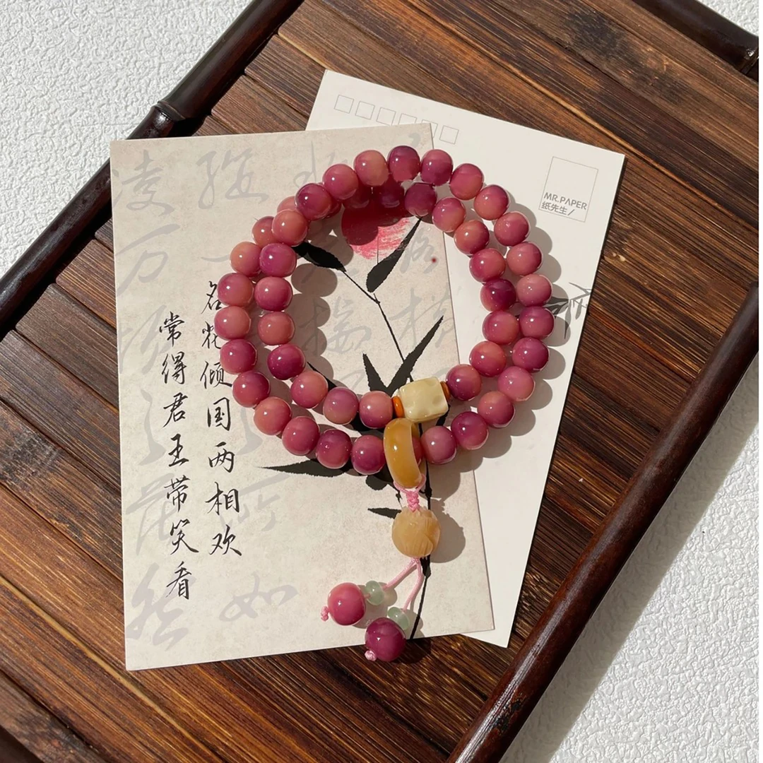 非金属木质手链 乌梅子酱菩提双圈跑环手串菩提精雕奶酪莲花手作