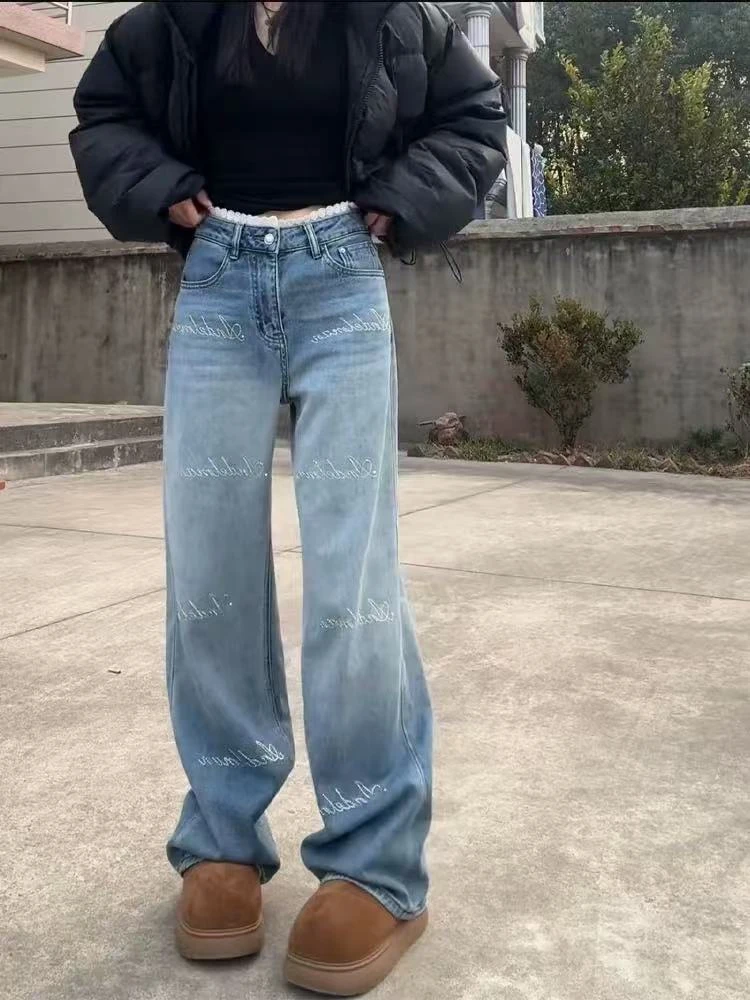 Nalian/拿恋豆子优选-春秋新款烫钻字母渐变直筒牛仔裤女 DZ96676