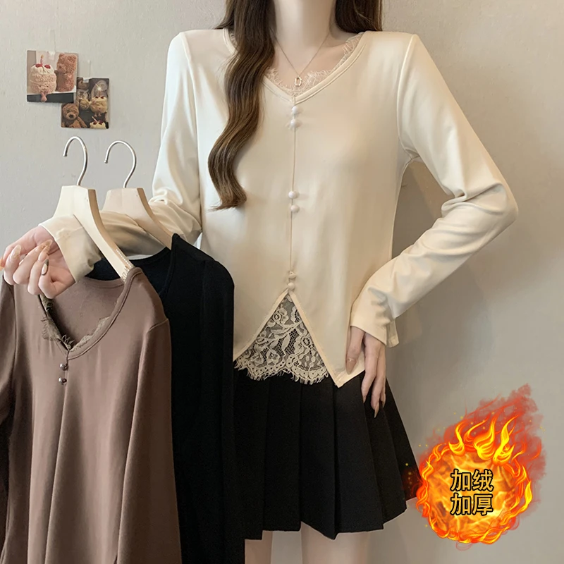 【涵胖胖】Q新款胖mm大码女时尚百搭加厚蕾丝边长袖打底衫T恤 A1014