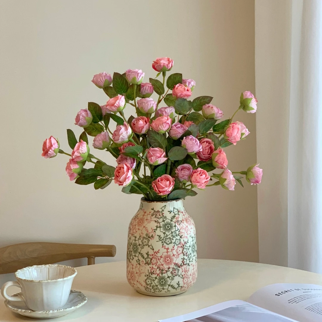 6头玫瑰仿真花复古新中式田园风客厅插花餐桌花束摆件花苞装饰品