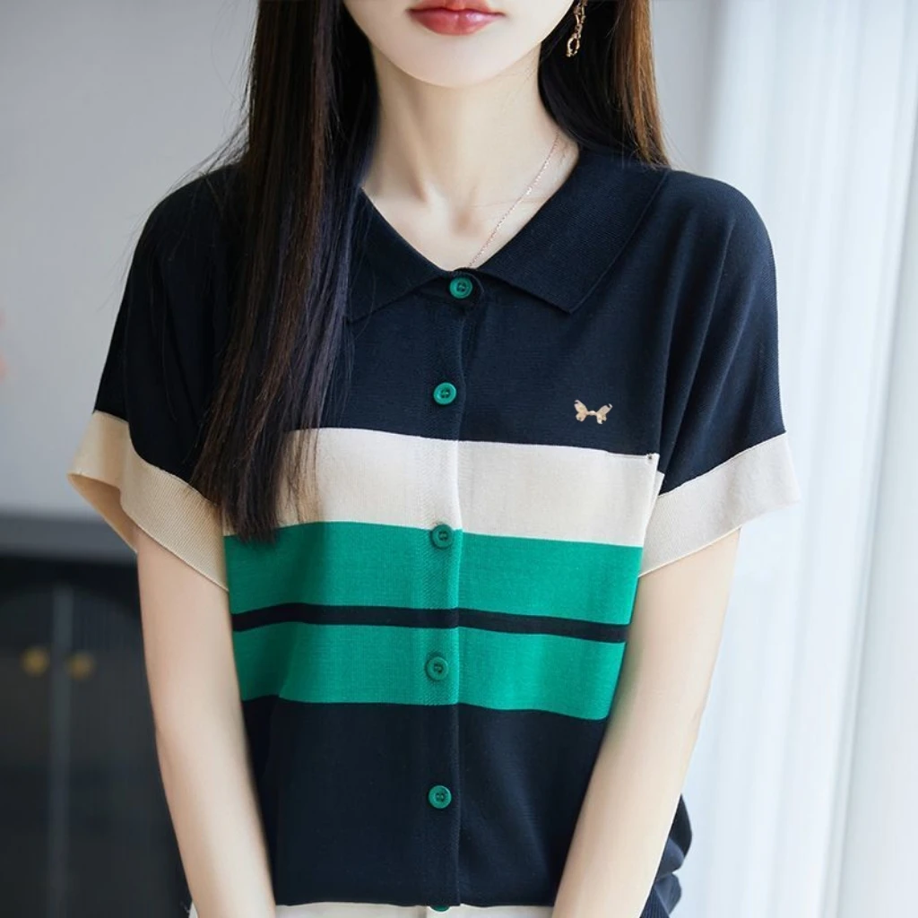 莱赛尔POLO翻领蝴蝶胸针时尚拼色针织短袖女夏季新款条纹T恤上衣