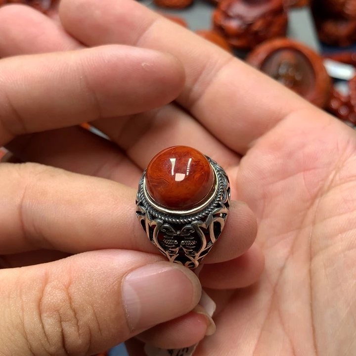 南红玛瑙戒指银S925镶嵌