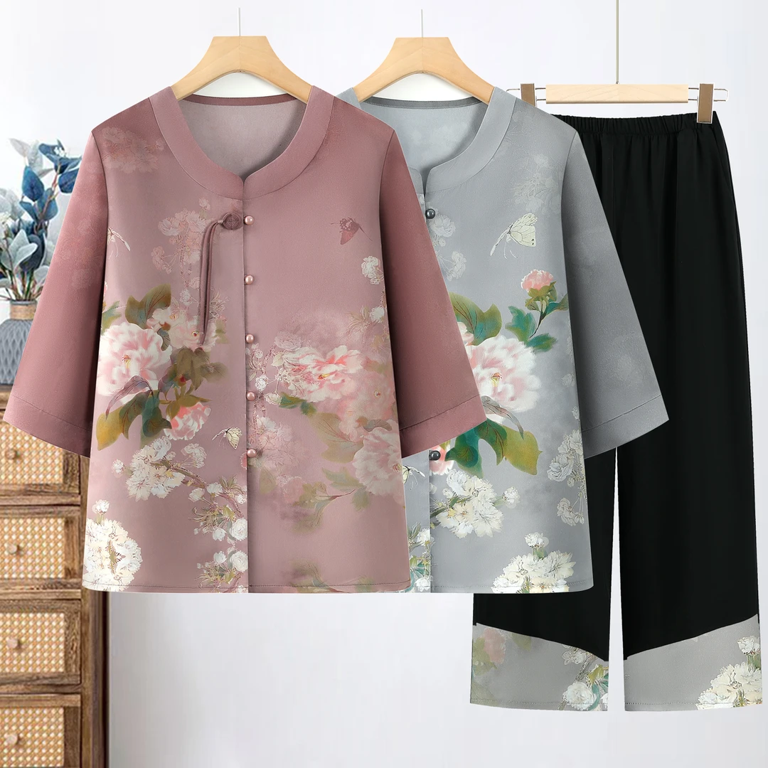 中老年女装夏装薄款国风套装妈妈装开衫上衣奶奶宽松气质衣服裤子