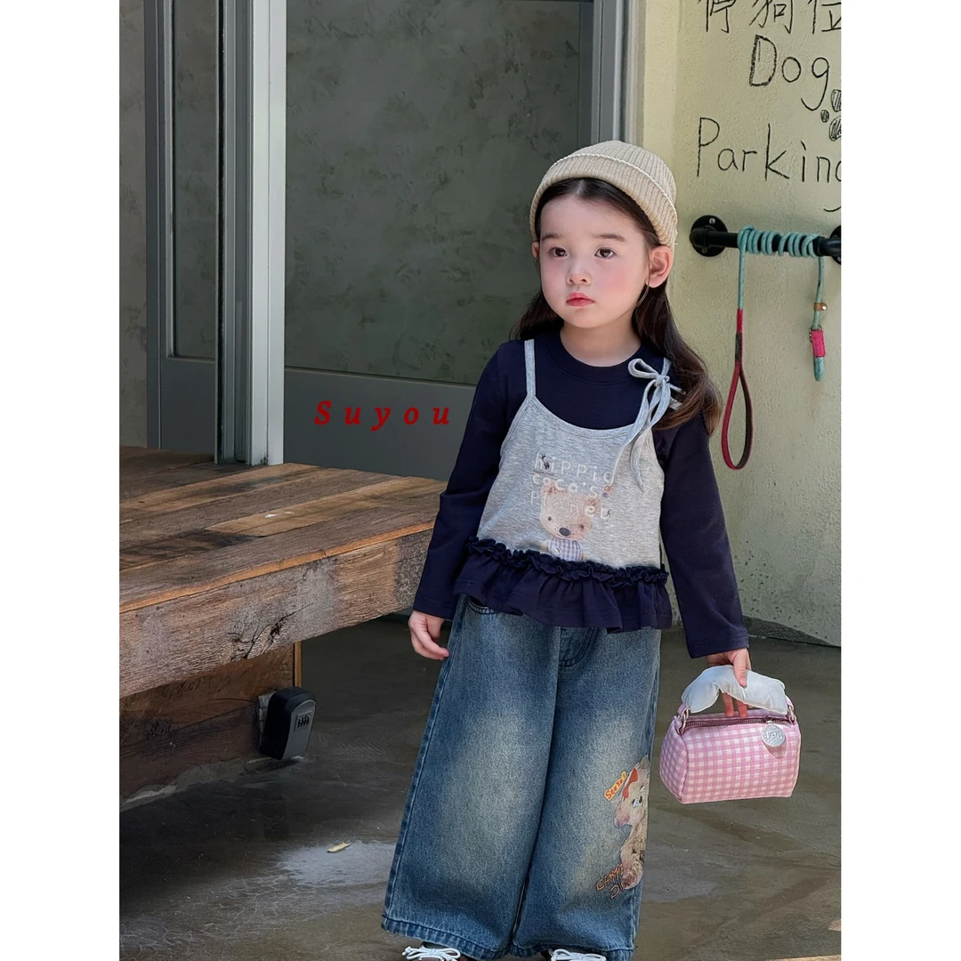 童装2025秋季新款女童小童韩版修身假两件修身T恤阔腿牛仔裤