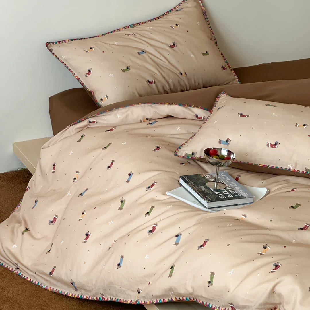 小玲子 腊肠狗 全棉双层纱三件套四件套 贝壳包边印染工艺 可爱风