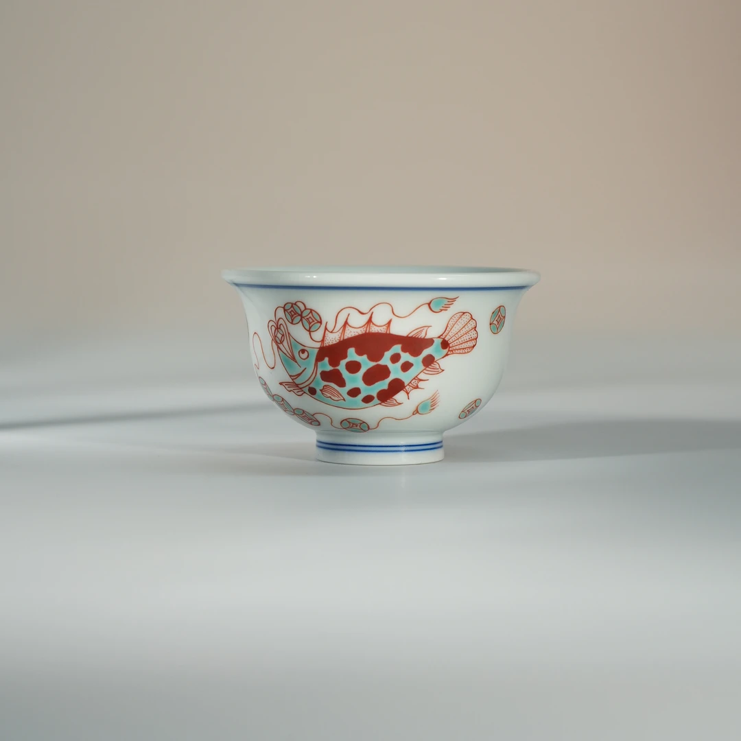 【御窑茶局】立勤堂 红绿彩鳜鱼压手杯