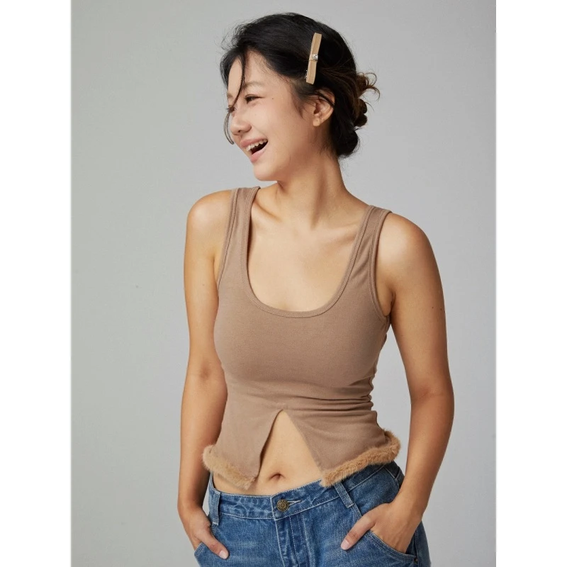 LPS｜棕色毛边拼接俏皮通勤宽肩带小上衣外穿背心性感内搭打底无袖