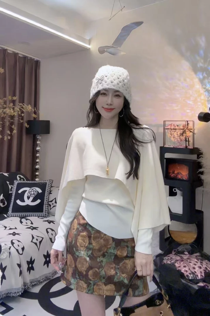 L.X~韩版秋季新款斗篷式针织衫女长袖宽松设计感毛衣两件套6915