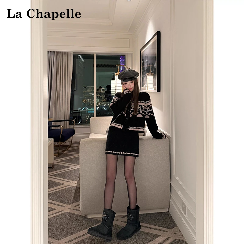 拉夏贝尔费尔岛小狗提花针织开衫毛衣女秋冬季慵懒风长袖上衣外套