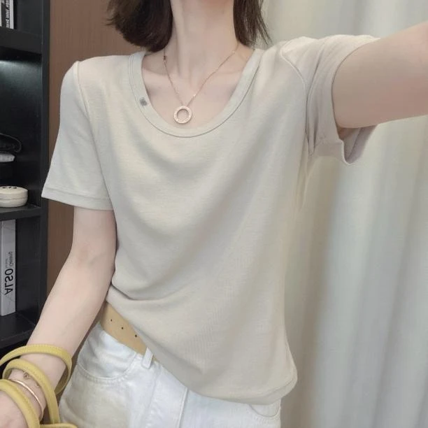 夏季宽松薄款短袖T恤女2025休闲洋气纯色圆领显瘦遮肉舒适透气短T