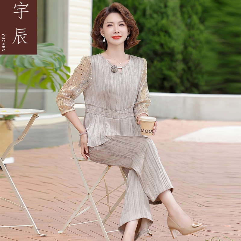 优雅妈妈夏季新款女套装两件套时尚优雅减龄洋气显瘦气质修身套装