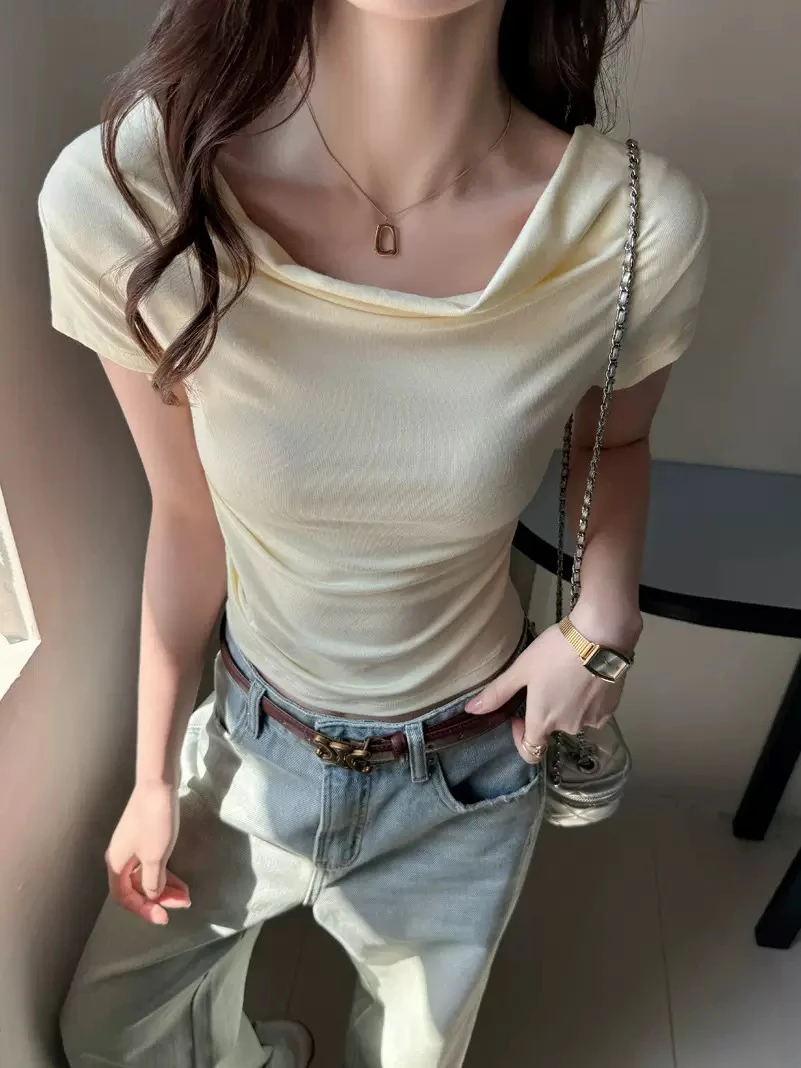 美式荡领一字肩露肩褶皱收腰短袖T恤女夏季新款韩系气质显瘦上衣