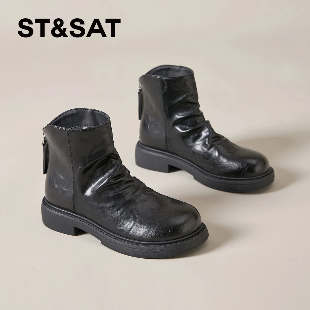 星期六黑色短靴女2025秋冬季新款休闲时尚马丁靴中筒百搭厚底女靴