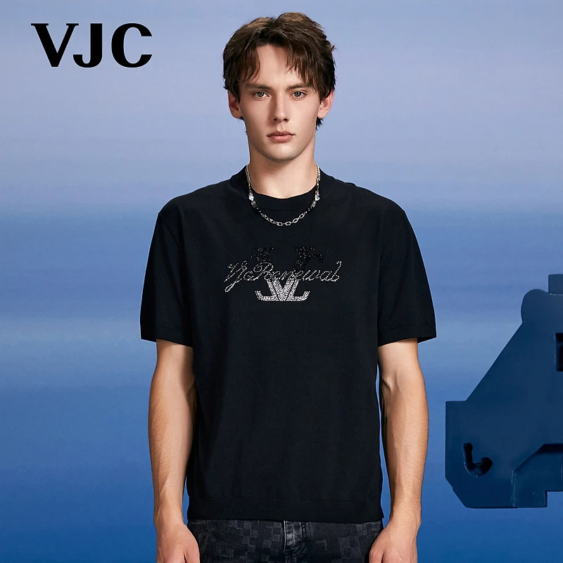 威杰思(VJC)2025秋季新款男装潮流烫钻短袖针织衫通勤B24CC1203