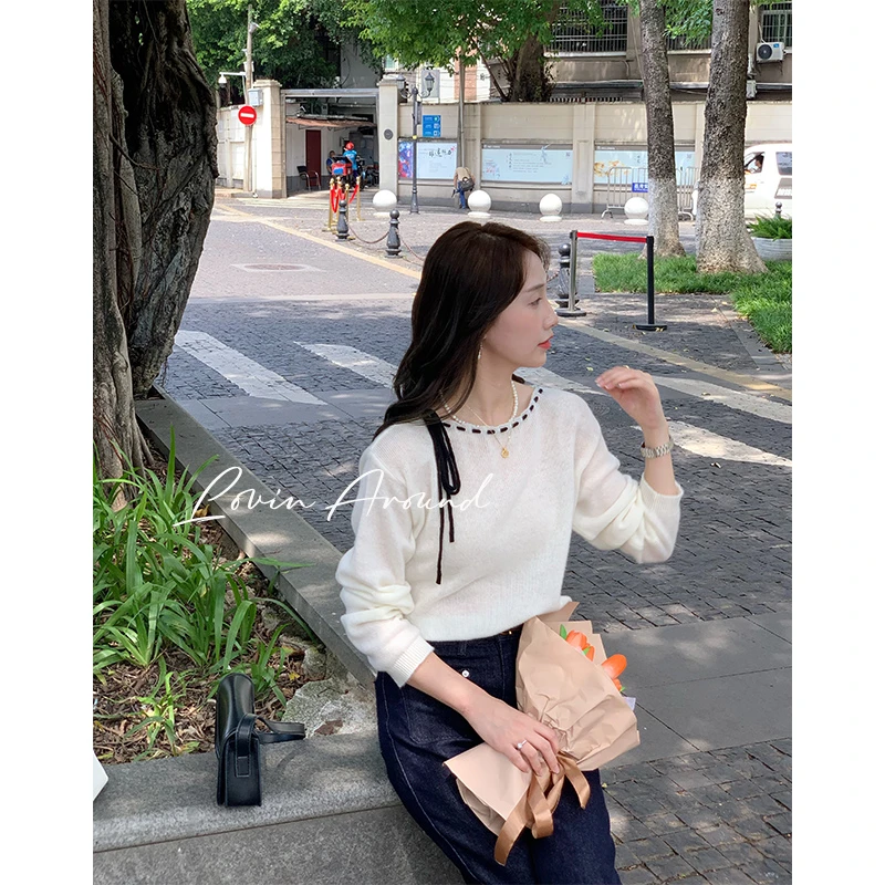 LOVIN AROUND【蛋白奶】长袖针织常规毛针织衫高腰短款时尚毛衣