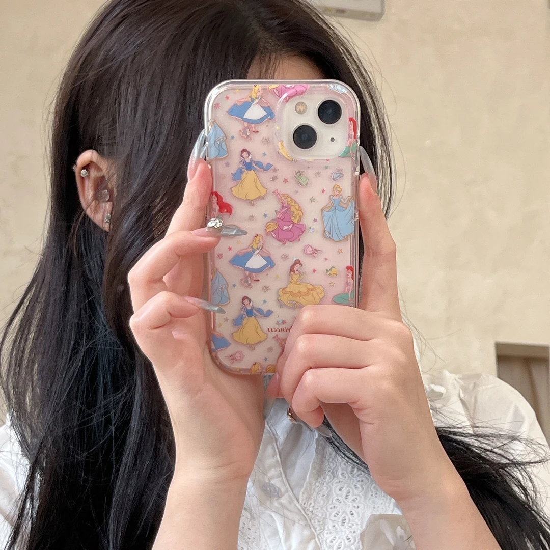 童话公主彩绘透明大孔卡通涂鸦创意防摔手机壳适用iPhone15/16
