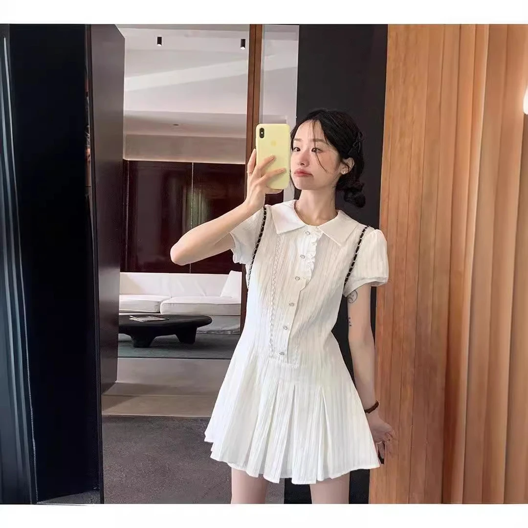 甜美学院风白色泡泡袖衬衫连衣裙女夏季小个子气质收腰显瘦短裙子