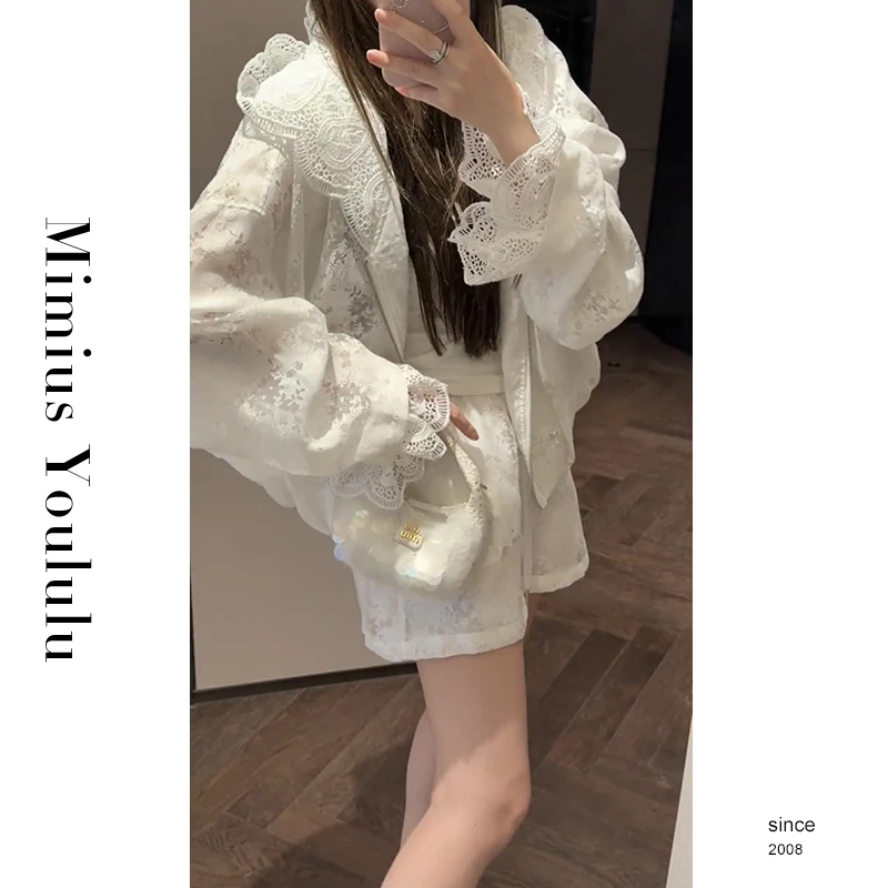 【mimius】L 小众设计师款蕾丝连帽上衣+短裤 G03498