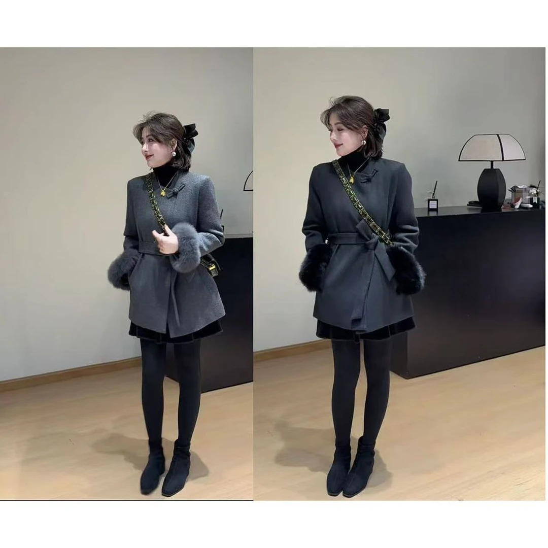 0555【冬日浪漫】新款狐狸毛拼接袖口羽绒服羊毛羊呢大衣