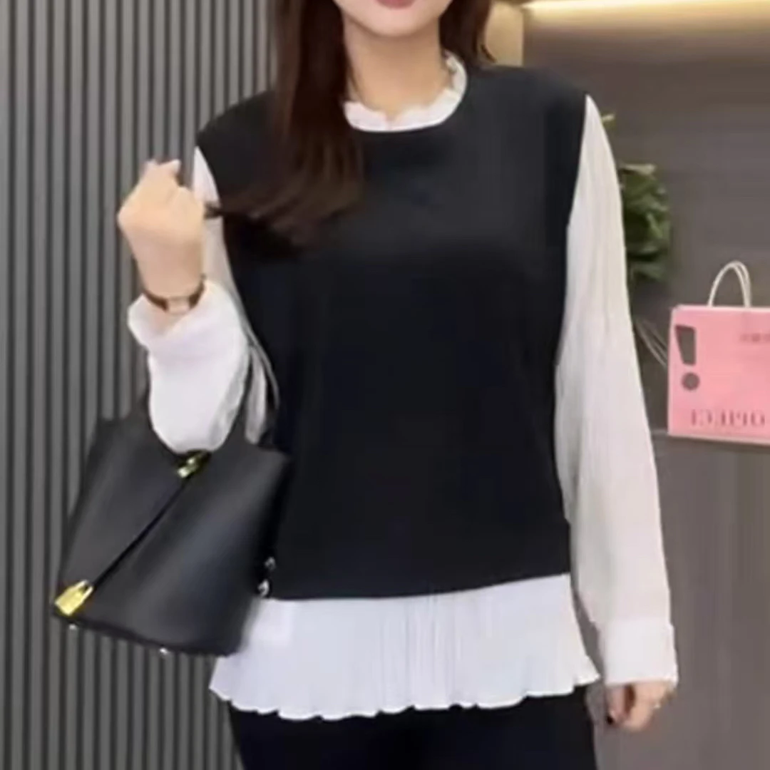 5562-2025年春季新款时尚洋气减龄显瘦拼接假两件小衫